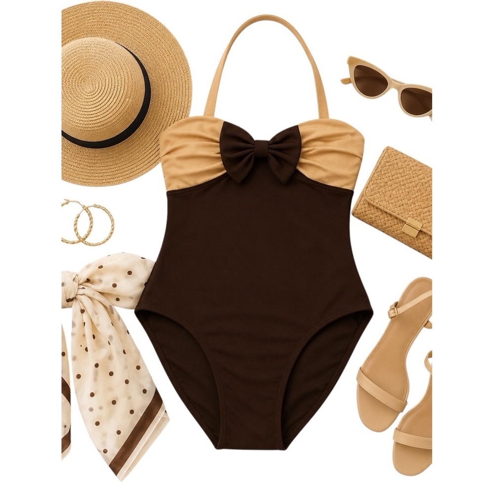 Sirena Vintage Black Nude Bow One Piece Swimsuit Size 14 Retro Glam Swimwear GUC